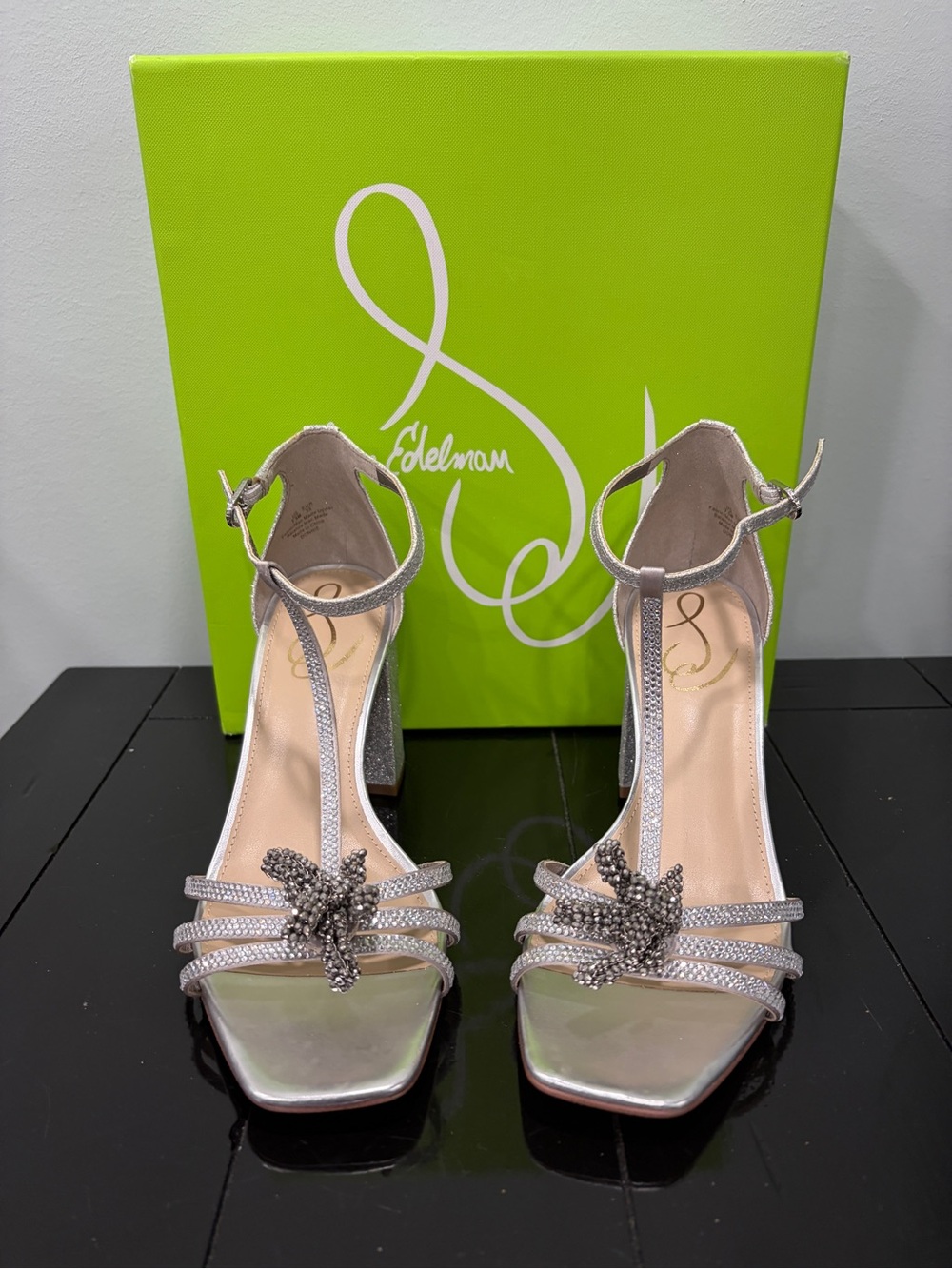 Sam Edelman Silver Rhinestone T-Strap Block Heel Sandals